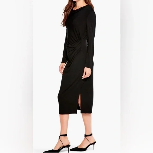 NIC+ZOE Black Long Sleeve Ruched Draped Cowl Neck Dress - Picture 6 of 12